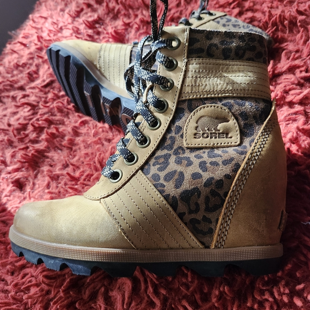 SOREL Women's Lexie Brown Leather Platform Wedge Leopard Print Booties Size 7 - Picture 7 of 16